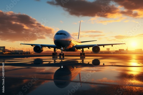 Passenger aircraft at the airport on the runway. Background with selective focus and copy space