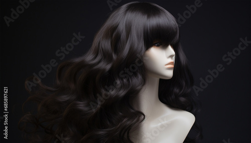 Natural looking black wig on white mannequin head isolated on black background. Long wavy hair, length straight hair with bangs on the metal wig holder front view beauty product