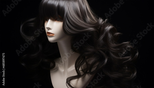 Natural looking black wig on white mannequin head isolated on black background. Long wavy hair, length straight hair with bangs on the metal wig holder front view beauty product photo