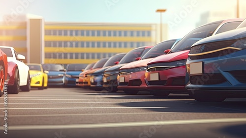 a row of brand new cars neatly lined up in a parking lot, with no visible brand or manufacturer logos, emphasizing the concept of anonymity and showcasing the vehicles' clean and sleek design.