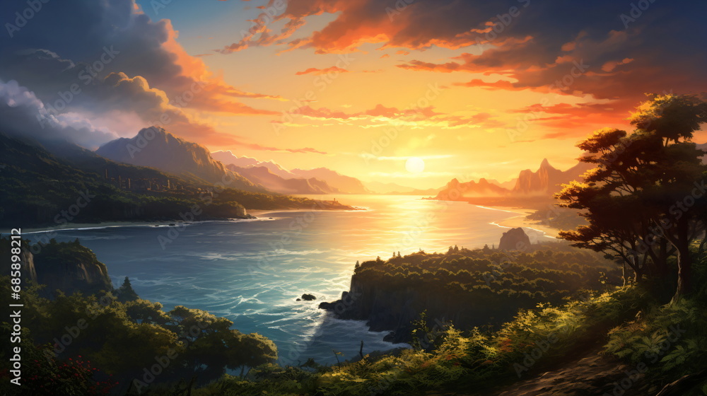 Fototapeta premium A sunset over a bay digital painting concept art environment