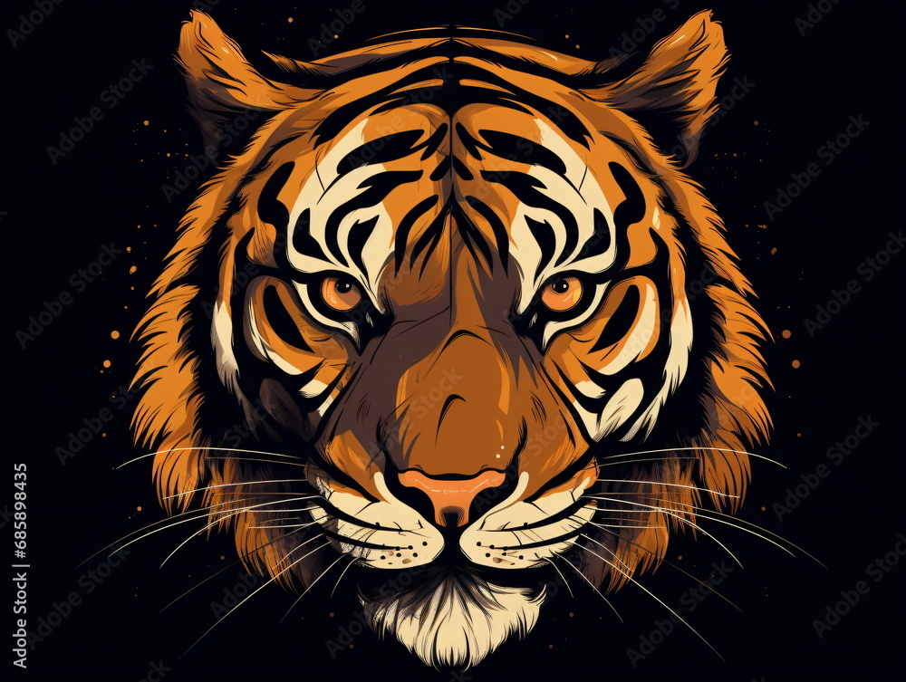 A tiger's face isolated on a black background flat design vector style illustration