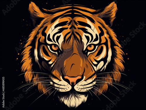 A tiger's face isolated on a black background flat design vector style illustration