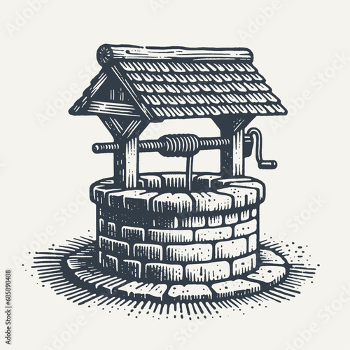 Traditional Water Well in Compact Woodcut Style photo