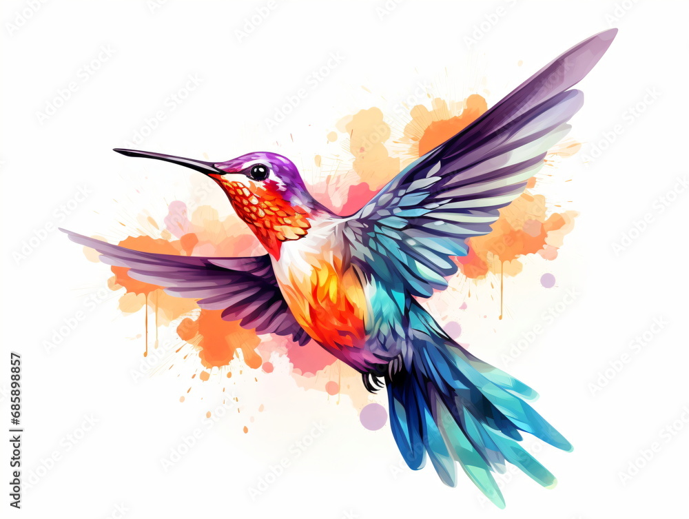 A colorful hummingbird watercolor flying in the air isolated on a white background