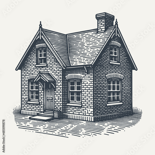 Traditional Small Brick House in Delicate Woodcut Style