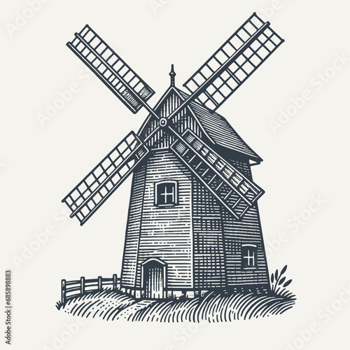 Quaint Small Farm Windmill in Delicate Woodcut Style