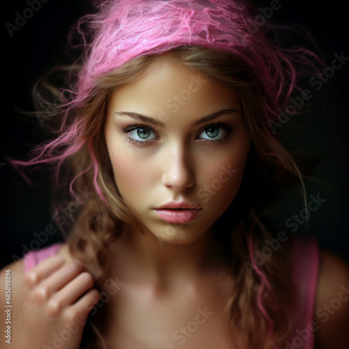 A close-up portrait of a woman with a pink scarf promoting breast cancer screening and prevention.  Charity  support and assistance in the fight against breast cancer.