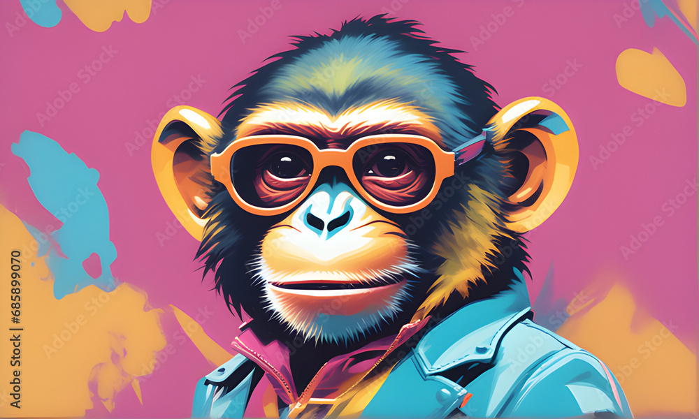 portrait of a funny monkey wearing oversized sunglasses a funky watch and colorful clothes