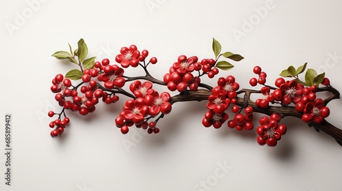 Blooming red flowers on a tree branch in a studio setting. Generative AI