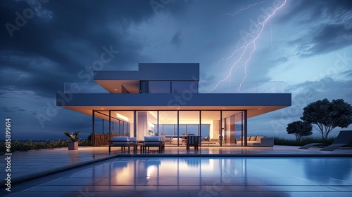 a lightning rod on the roof of a modern house, showcasing the essential safety feature designed to protect the structure from lightning strikes.