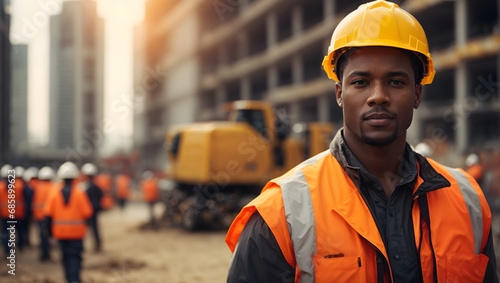 Handsome builder in a hard hat, poised against the dynamic setting of a construction site, showcasing expertise and dedication