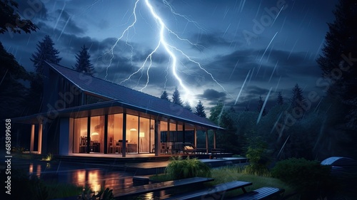 a lightning rod on the roof of a modern house, showcasing the essential safety feature designed to protect the structure from lightning strikes. photo