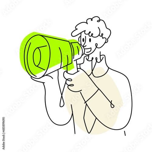 Businessman shouts an advertisement into a mouthpiece