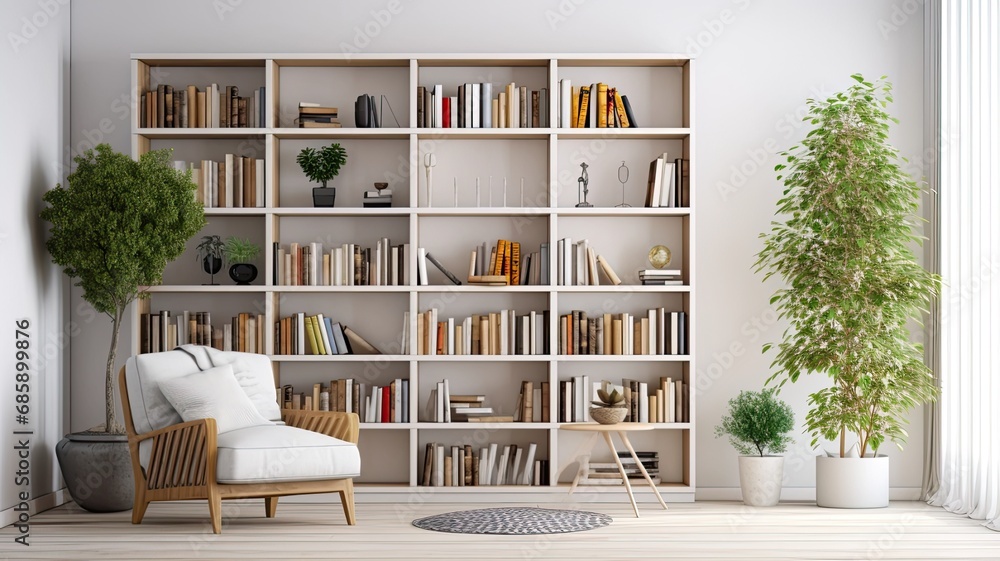 a bookcase with carefully arranged books, accompanied by a potted plant, within a white interior. - obrazy, fototapety, plakaty 