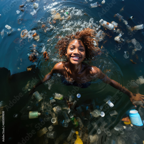 Water pollution - happy beautiful black girl smile and swim in river or lake full of garbage, debris, trash and empty plastic bottles, copy space on surface, high angle view