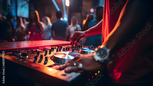 DJ hands adjusting controls on mixing deck at a party photo