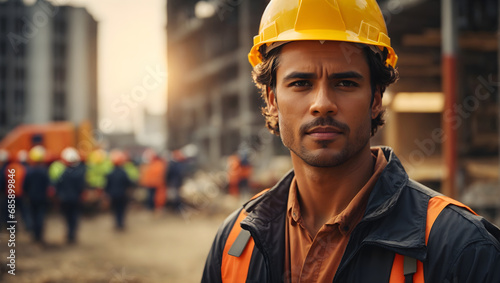 A confident male builder, donning a hard hat, stands against the bustling backdrop of a construction site, exuding professionalism
