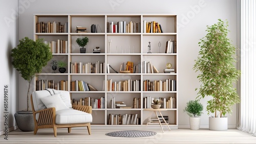a bookcase with carefully arranged books, accompanied by a potted plant, within a white interior.