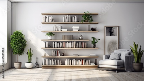 a bookcase with carefully arranged books, accompanied by a potted plant, within a white interior. © lililia