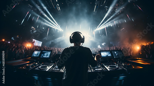 DJ mixing tracks on stage at electronic music concert