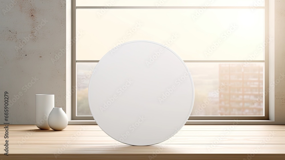 a round white adhesive label placed on a light background within a contemporary setting. a round white adhesive label placed on a light background within a contemporary setting.