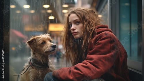 portrait of a homeless person with a dog begging for money in the city