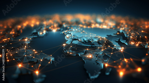 Abstract world map with glowing network lines, Symbolizing global trade and international business connections, AI Generated
