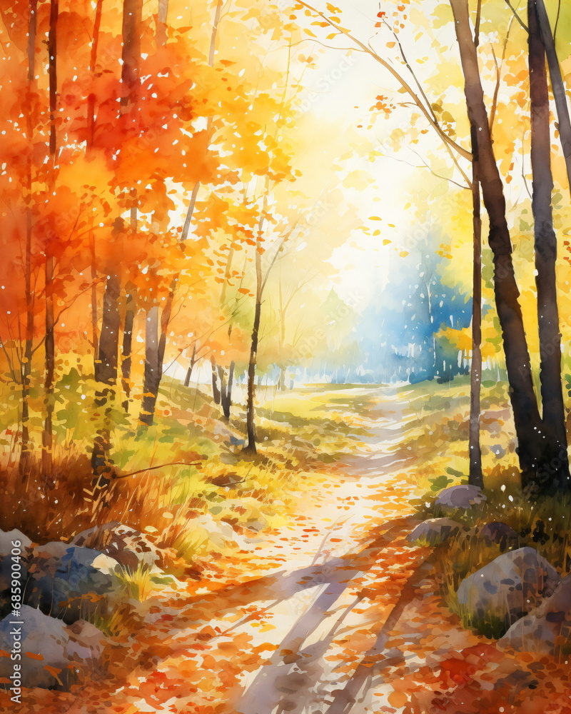 A watercolor painting of a path in the woods covered in orange leaves