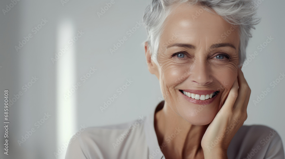 Beautiful gorgeous 60s mid aged mature woman looking at camera in studio. Mature old lady close up portrait. Healthy face skin care beauty, middle age skincare cosmetics, cosmetology concept Beautiful gorgeous 60s mid aged mature woman looking at camera in studio. Mature old lady close up portrait. Healthy face skin care beauty, middle age skincare cosmetics, cosmetology concept