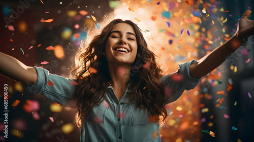 Joyful woman celebrating with arms outstretched in rainbow confetti