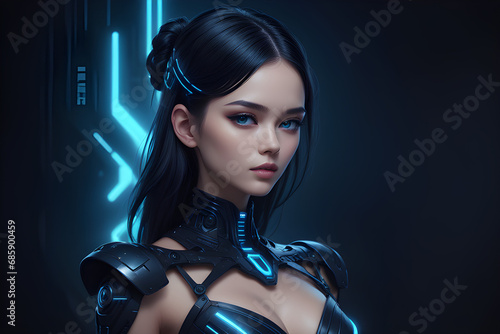 portrait of a fashionable model in CyberRenaissance style, merging classical artistry with digital innovation. Use a color scheme of midnight black and neon blue to create a striking contrast. AI