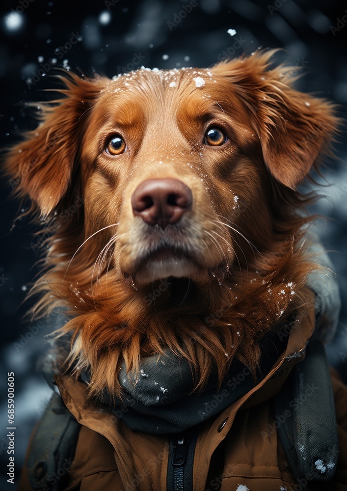 Cute young golden retriever puppy playing in the snow