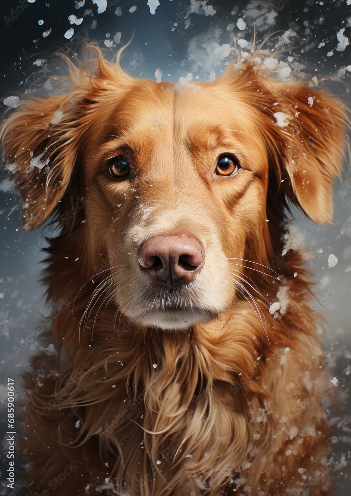 golden retriever sitting on the first snow, first snow of Siberia, dogs