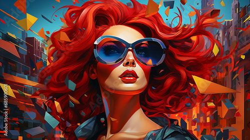 A woman with red hair and sunglasses painting portrait © Eduardo