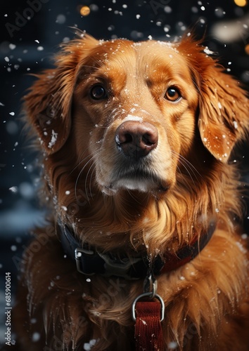 golden retriever sitting on the first snow, first snow of Siberia, dogs