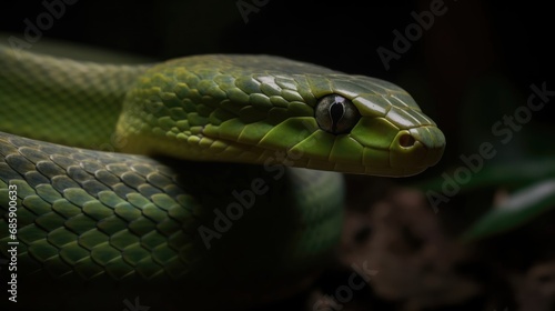 Close up of a green pit viper (Reticulated pit viper). Reptile . Snake. Wilderness Concept. Wildlife Concept.