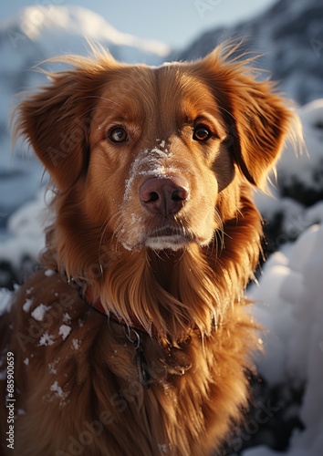 Young and beautiful golden retriever sitting at the snow. The dog barking in the snow