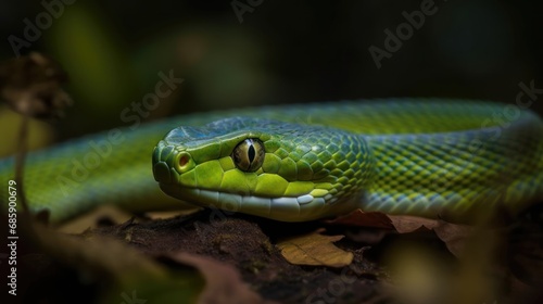 Green pit viper snake in the forest, close up portrait. Reptile . Snake. Wilderness Concept. Wildlife Concept.