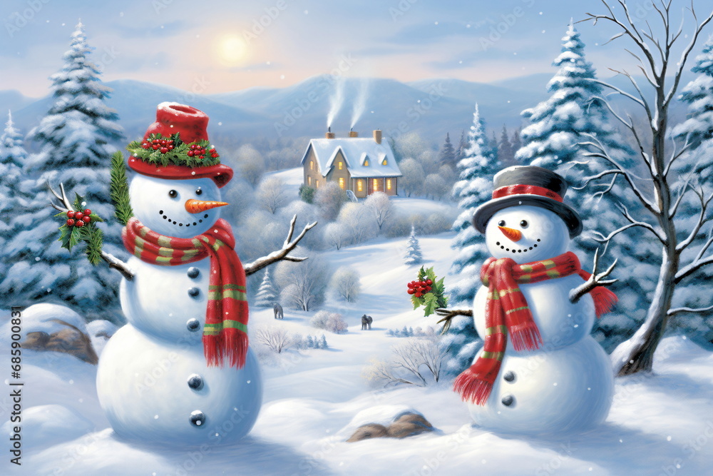 Obraz premium A pencil drawing of a couple of snowmen standing next to each other