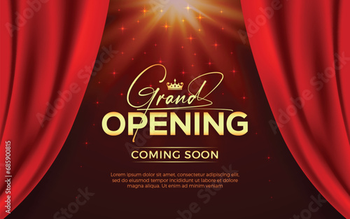 Realistic grand opening invitation banner with red curtains, golden elements and 3d editable text effect