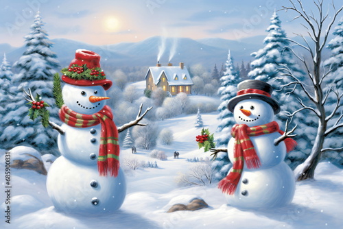 A pencil drawing of a couple of snowmen standing next to each other