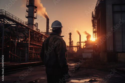 Oil crude and gas refineries. Worker in a Hard construnction helmet at Oil refinery plant with smoking chimneys. Gas Processing Plant. Pipes of natural gas factory. Oil refining and Petrochemical.