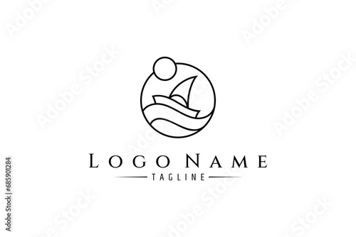 Sailboat logo with ocean waves in circle frame, line art design style