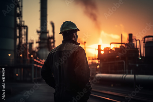 Oil crude and gas refineries. Worker in a Hard construnction helmet at Oil refinery plant with smoking chimneys. Gas Processing Plant. Pipes of natural gas factory. Oil refining and Petrochemical. © MaxSafaniuk
