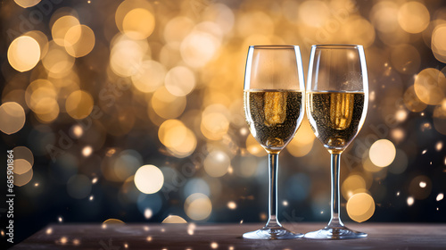 Close-up photo of pair wine or champagne glasses on a table against the backdrop of bokeh lights and sparks. St. Valentine's day, Merry Christmas, happy New Year cozy concept. Banner with copy space.