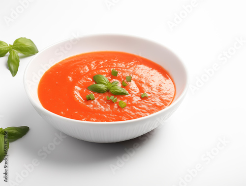 Tomato soup on white plate