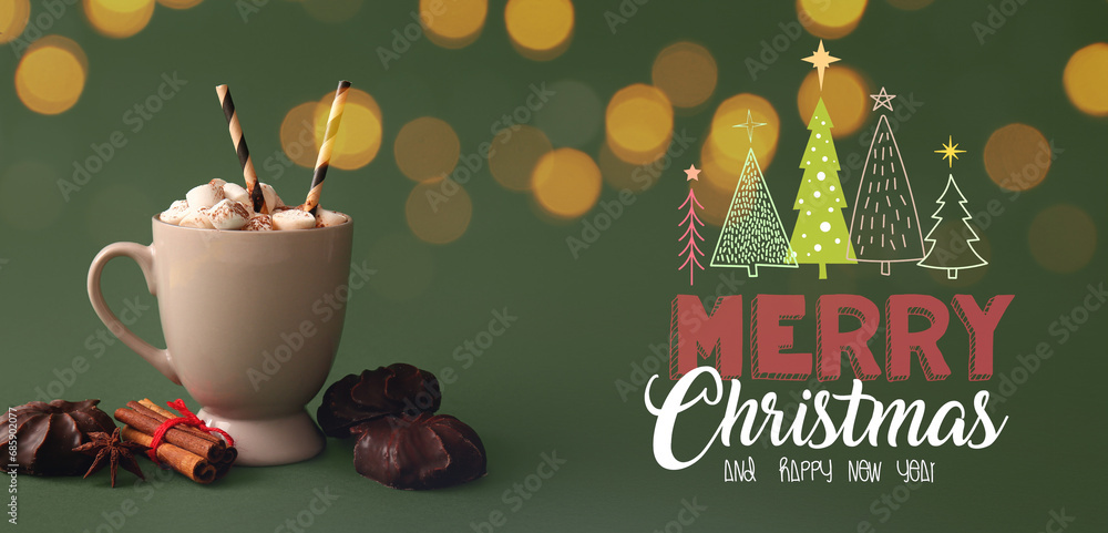 Naklejka premium Greeting card for Merry Christmas and Happy New Year with cup of hot chocolate