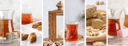 Collage of tasty Turkish sweets, tea and Muslim lantern on table