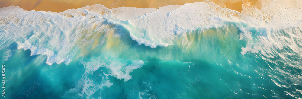 Fototapeta premium ocean shore, foamy waves, crashing waves, Above blue ocean, golden sand, Overhead photo, Ocean Wave
